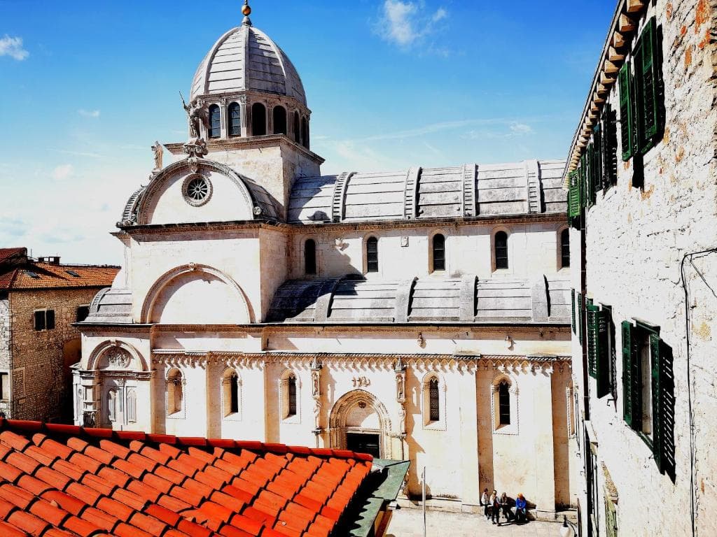 The Cathedral of St. James in Šibenik seen over terracotta rooftops